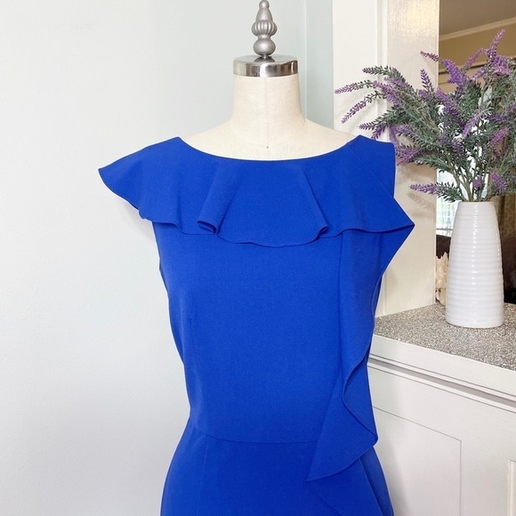 Calvin Klein Ruffled Sheath Dress Royal Blue Size 6 Small - Picture 4 of 10